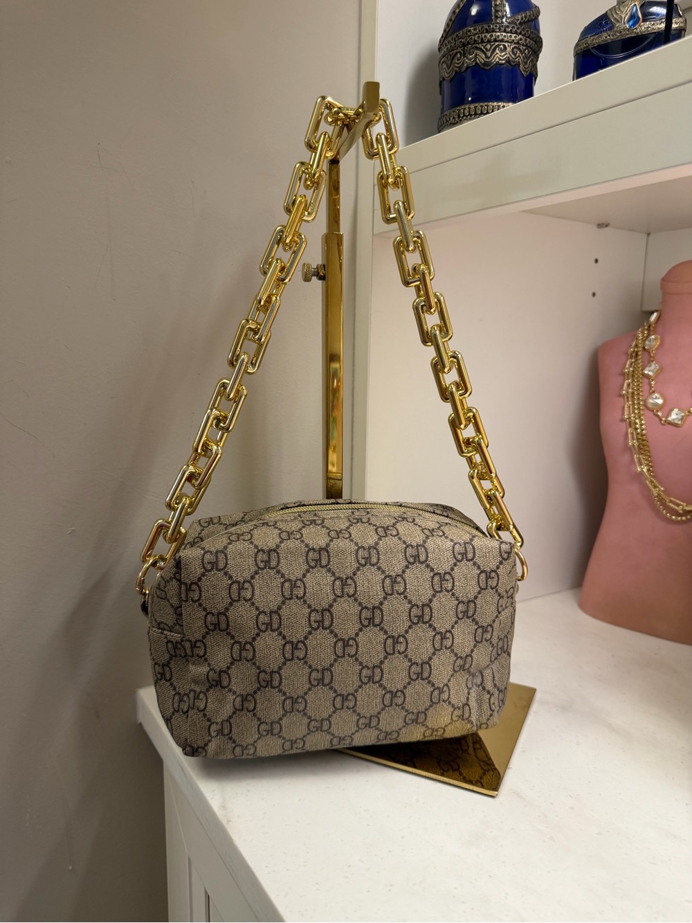 Designer Monogram Beige zipper case Shoulder Bag with Gold Chain Strap